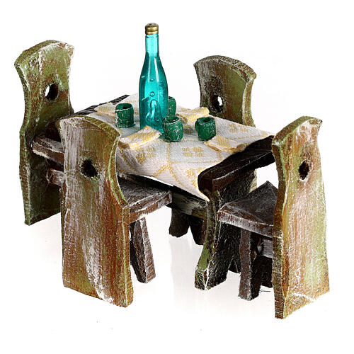 Gedeckter Tisch und 4 Stühle, 5x5x5 cm, für 10 cm Krippe 2