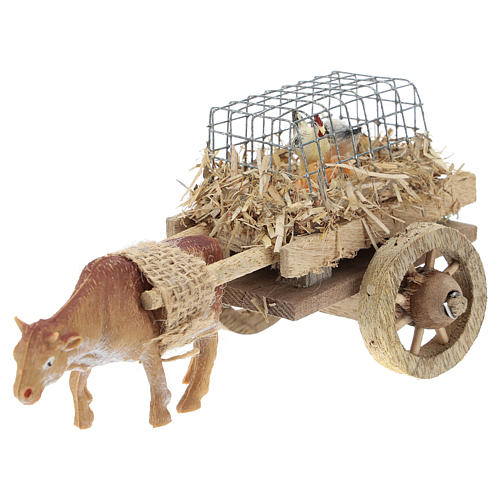 Carriage with ox and chickens for crib 7x15 cm 2