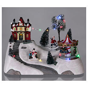 Villages de Noël miniatures: Scène Noël musicale avec carrousel 20x30x15 cm
