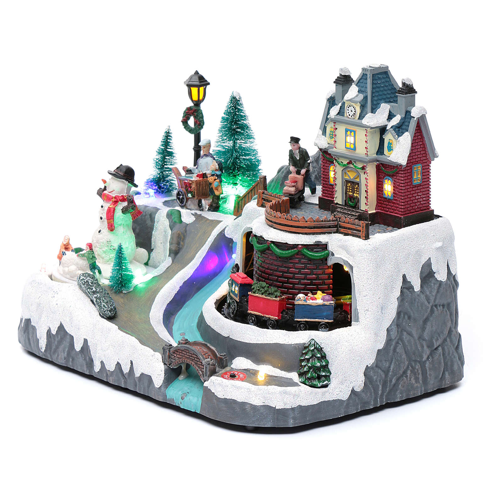 Christmas village with a train, a snowman and | online sales on HOLYART