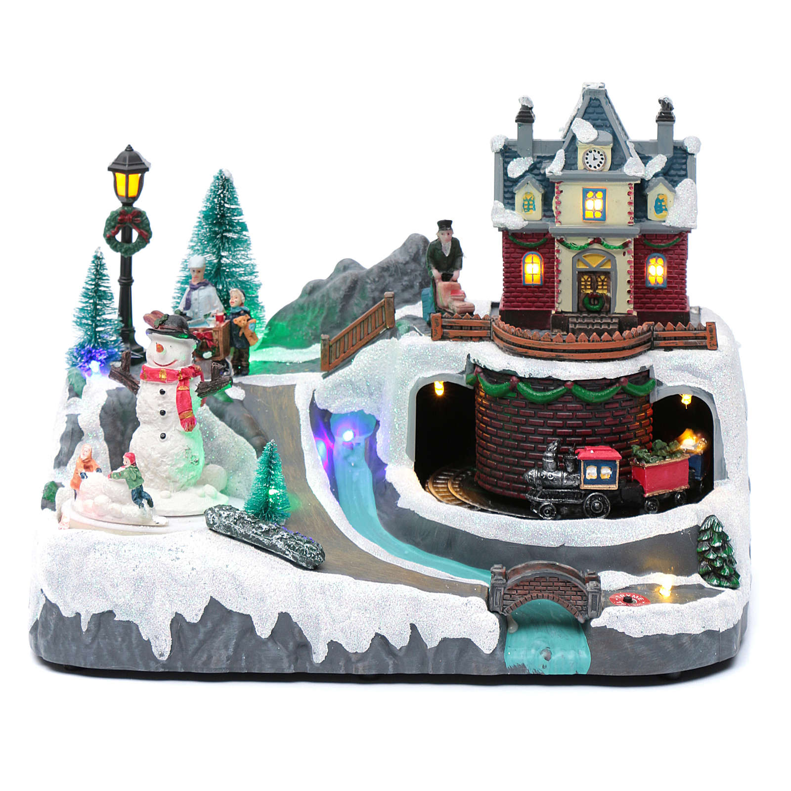 Christmas village with a train, a snowman and | online sales on HOLYART.com