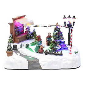 Pueblos navideños en miniatura: Paisaje de Navidad con negocio navideño música y árbol en movimiento 20x25x20 cm