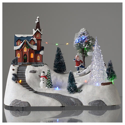 Christmas scene with church, snowman and moving tree 20x30x15 cm 2