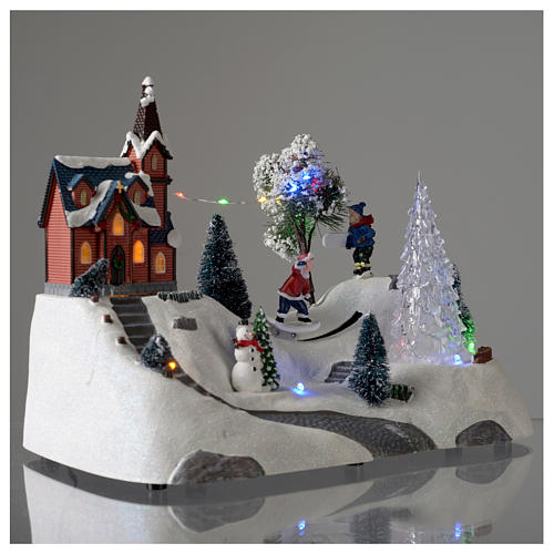 Cenário natalino música igreja boneco de neve e árvore em movimento 20x30x15 cm 4