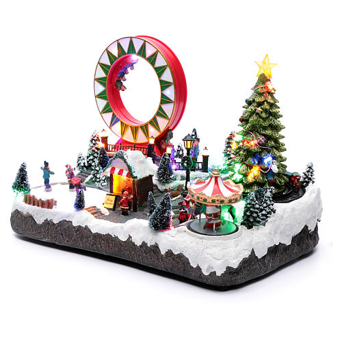 Village Noël lumineux musical mouvement patineurs manèges sapin 29x48x26 cm 2