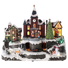 Cenário natalino em miniatura iluminado movimento trem, árvore de Natal, crianças 28x34x19 cm