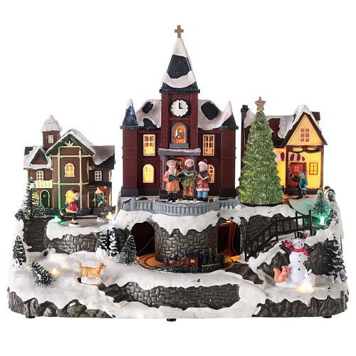Cenário natalino em miniatura iluminado movimento trem, árvore de Natal, crianças 28x34x19 cm 1