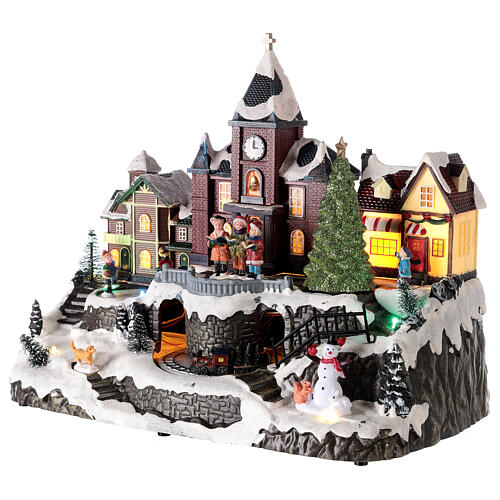 Cenário natalino em miniatura iluminado movimento trem, árvore de Natal, crianças 28x34x19 cm 3