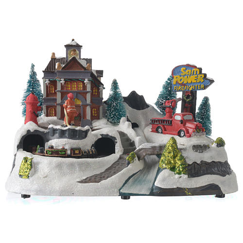 Villaggio Natalizio Caserma dei Pompieri movimento treno 23X27X17 cm 1