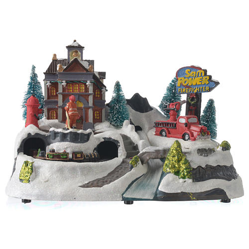 Christmas village with firemen and moving train 23X27X17 cm 1