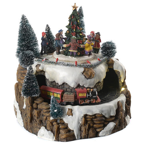 Christmas village ornament with animated train and children, lights and music 25x20 cm 1