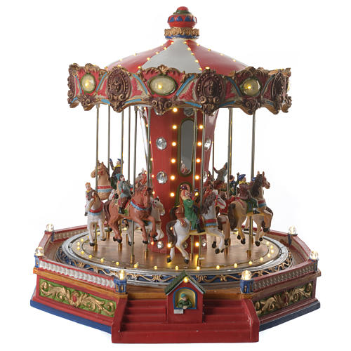Moving merry go round with horses Christmas scene with lights and music 35x35x35 cm 1