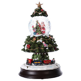 Pueblos navideños en miniatura: Bola de Nieve en vidrio Árbol de Navidad con Tren en Movimiento y Música 28 cm