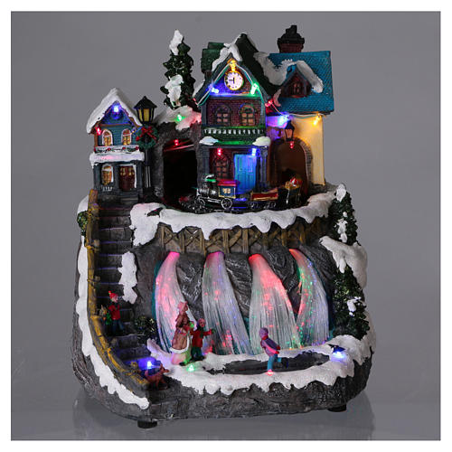 Animated musical Christmas village with train and frozen lake 30x25x30 cm 2