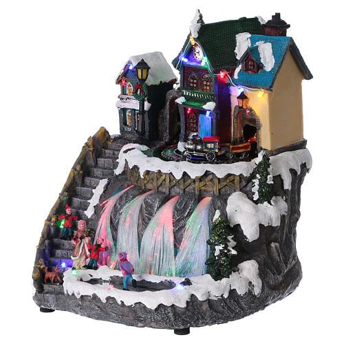 Animated musical Christmas village with train and frozen lake 30x25x30 cm 3