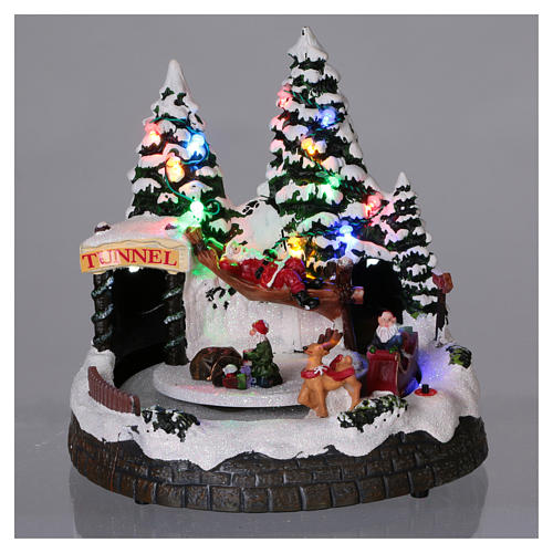 Christmas village scene moving sleigh, tunnel and Santa Claus on hammock 20x20x18 cm 2