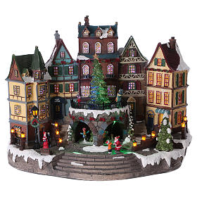 Cenário de Natal árvore movimento aldeia alpina 30x40x20 cm pilhas corrente