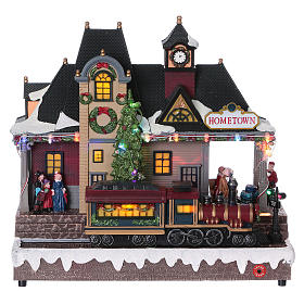 Pueblo navideño estación tren movimiento luces 30x30x15 batería corriente