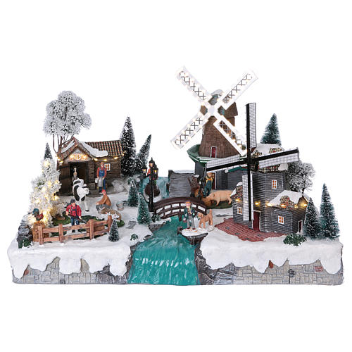 Weihnachtsdorf 35x50x40 cm mit Netzanschluss mit Bachlauf und zwei Windmühlen in Bewegung 1