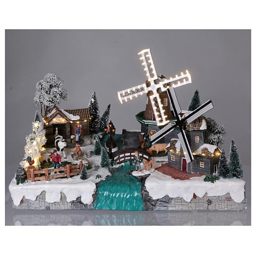 Weihnachtsdorf 35x50x40 cm mit Netzanschluss mit Bachlauf und zwei Windmühlen in Bewegung 2