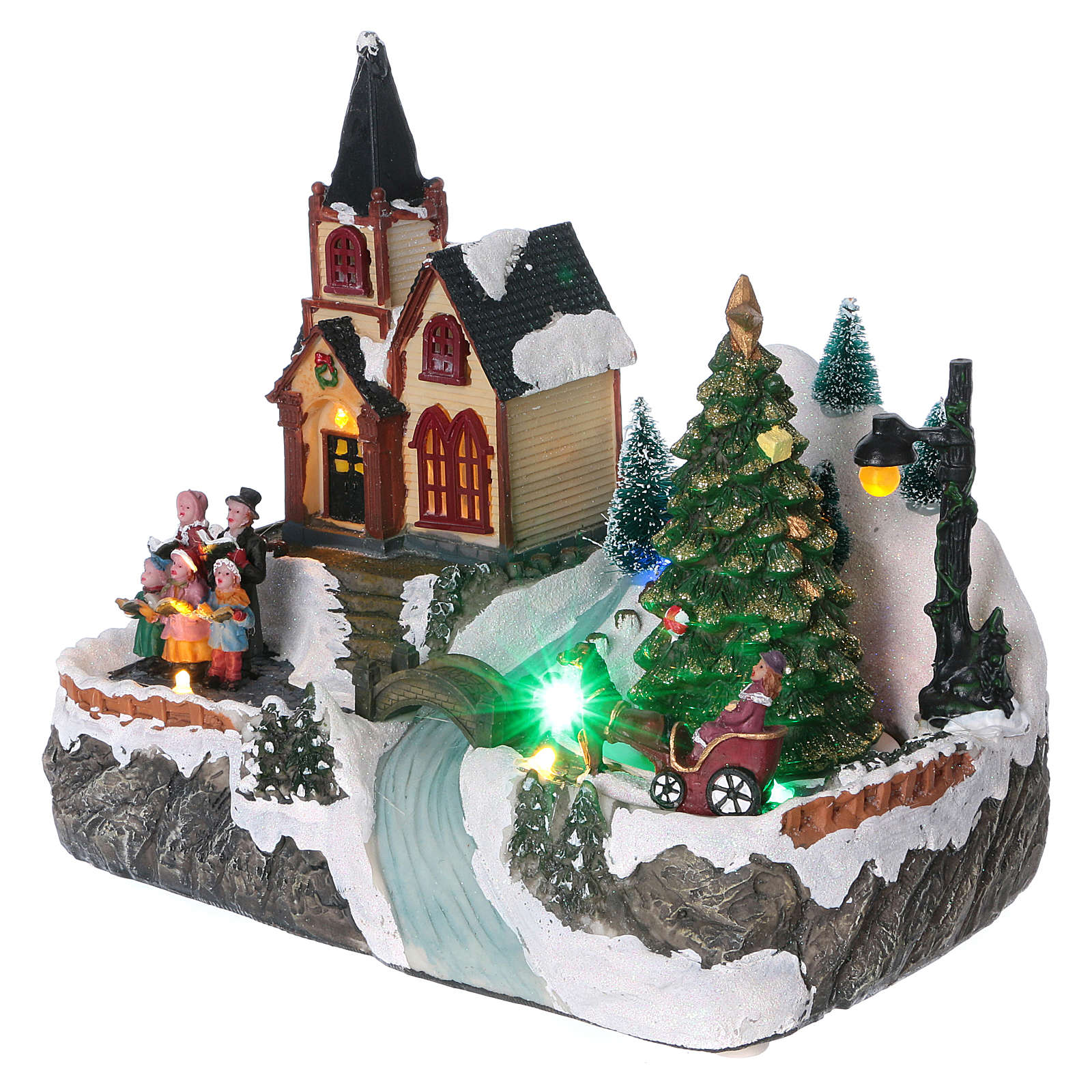 Illuminated Christmas village with rotating tree, singing online