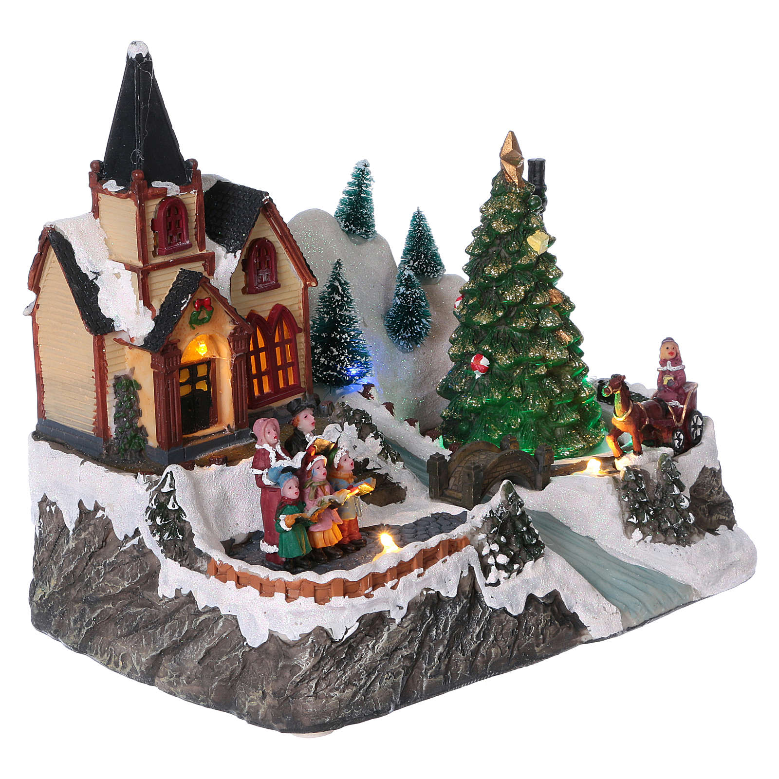 Illuminated Christmas village with rotating tree, singing online