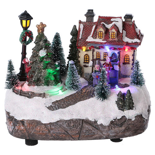 Christmas village with LED lights and rotating Christmas Tree 15x20x10 cm 1