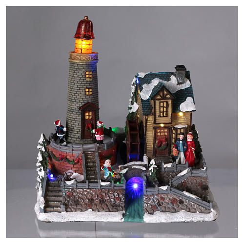Winterszene mit Leuchturm und Kinder 25x25x15cm Licht und Musik 2