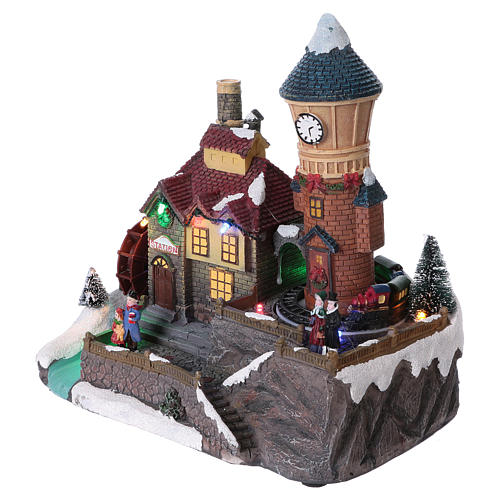 Winter Holiday Village 25x25x15 cm with Moving Mill and Train Battery Operated 3