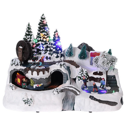 Holiday Christmas Village 25x35x20 cm with In-Motion Train and Skaters Electric Powered 1