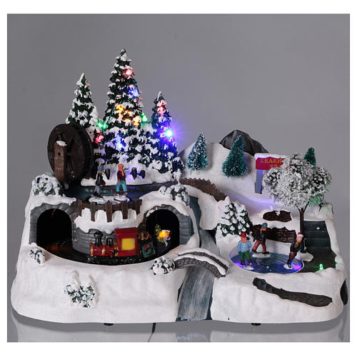 Holiday Christmas Village 25x35x20 cm with In-Motion Train and Skaters Electric Powered 2