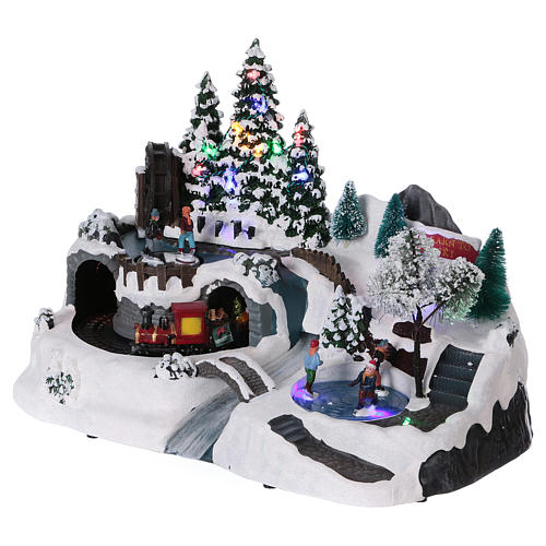 Holiday Christmas Village 25x35x20 cm with In-Motion Train and Skaters Electric Powered 3