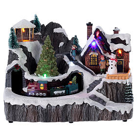 Snowy Town Christmas Scene with lights music movement 20x20x15 cm