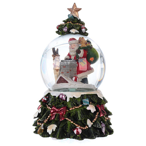 Tannenbaum Schneekugel mit Weihnachtsmann und Renntier Musik und Glitter 3