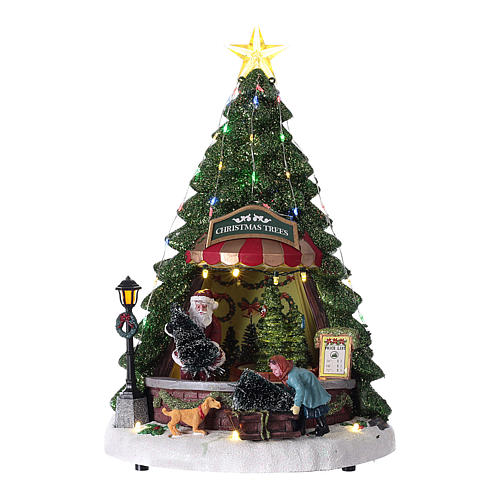 Cenário de Natal com Pai Natal e loja de árvores 35x20 cm 1