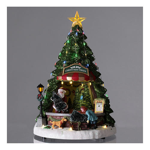 Cenário de Natal com Pai Natal e loja de árvores 35x20 cm 2