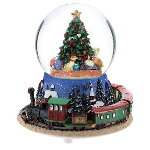Globo de neve com árvore de Natal e trem caixa de música altura 15 cm 1