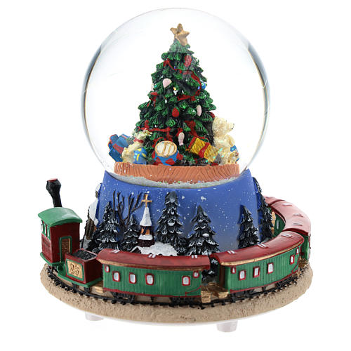 Globo de neve com árvore de Natal e trem caixa de música altura 15 cm 3