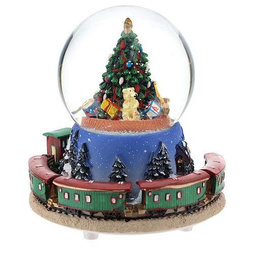 Globo de neve com árvore de Natal e trem caixa de música altura 15 cm 5