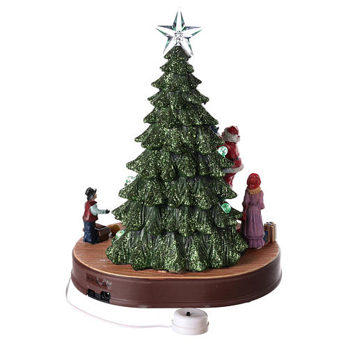 Winterszene, Weihnachtsmann schmückt einen Baum, mit Beleuchtung und Musik, 30x25x20 cm 5