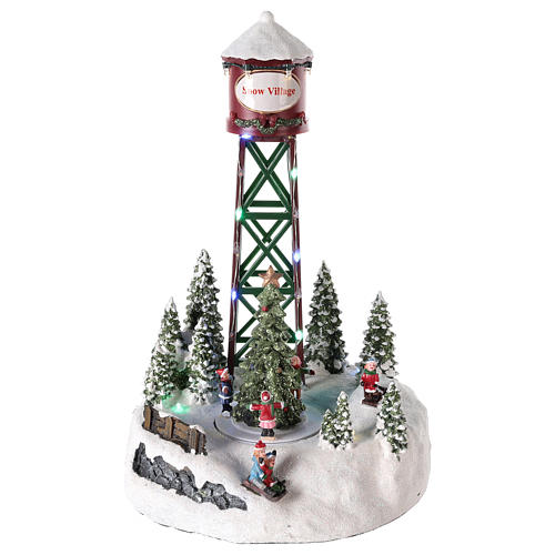 Christmas village water tower with rink and Christmas tree 35x20 1