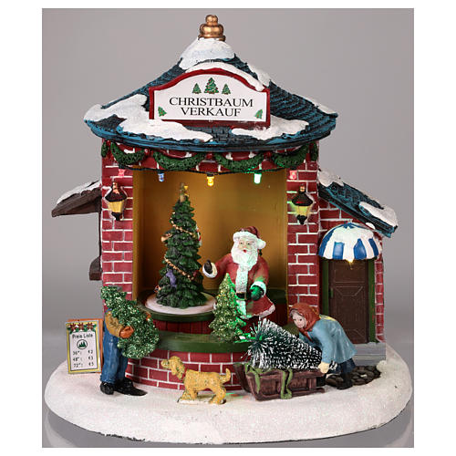 Cenário Natalino em miniatura com Pai Natal e loja de árvores de Natal 20x20x20 cm 2