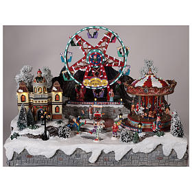 Cenário Natalino em miniatura com roda gigante e carrossel em movimento luzes 50x50x45 cm