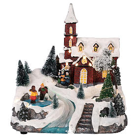 Animated Christmas village with church movement lights music 30x25x20 cm