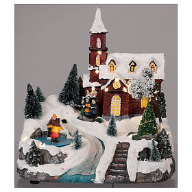 Animated Christmas village with church movement lights music 30x25x20 cm