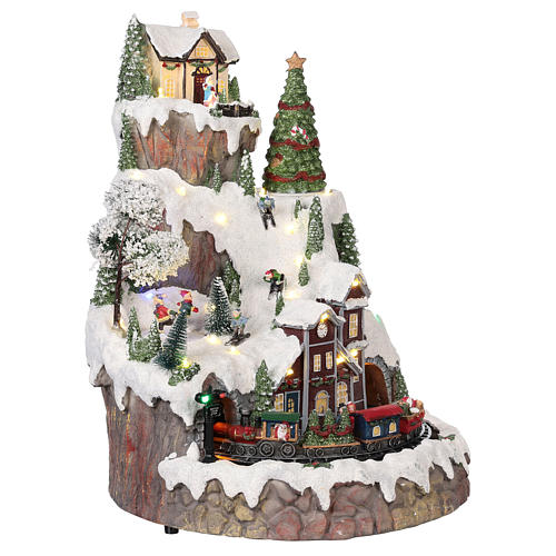 Cenário de Natal montanha nevada com trem movimento luzes música 35x45x35 cm 4