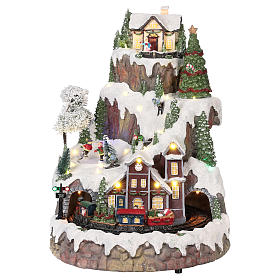 Mountain Christmas village with snow train motion lights music 35x45x35 cm