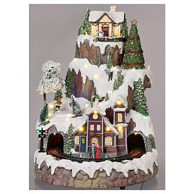 Mountain Christmas village with snow train motion lights music 35x45x35 cm