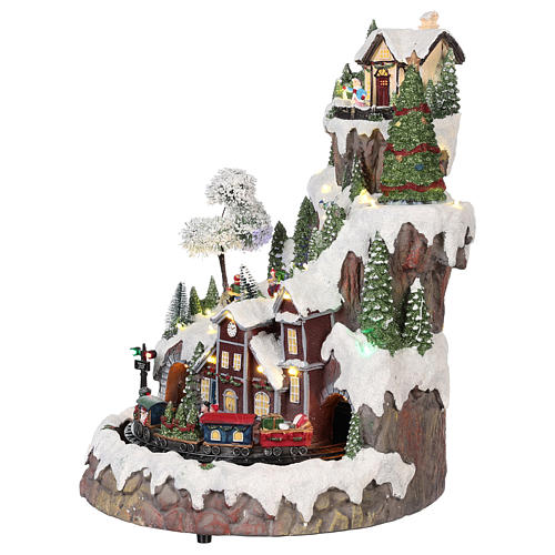 Mountain Christmas village with snow train motion lights music 35x45x35 cm 3