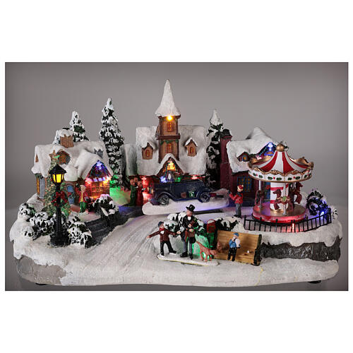 Villaggio invernale auto in movimento musica e luci 40x25x20 cm 2